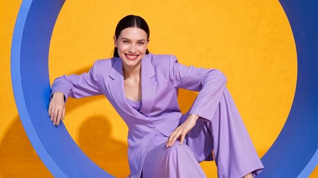 Fashionable woman in lavender suit posing inside a blue circle against orange background. A stylish woman in a lavender suit sits inside a large blue circular frame