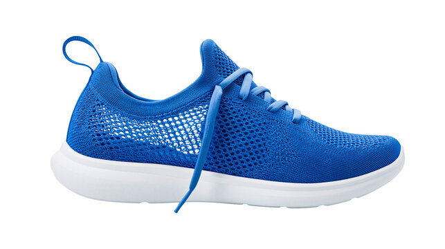 Blue knitted athletic shoe with white sole and laces, isolated on transparent background