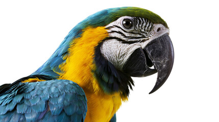 Blue and yellow macaw parrot head with vibrant feathers, isolated on transparent background © Noah