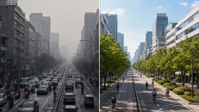 Polluted city street and green urban street