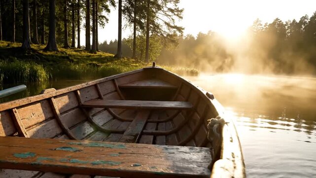 Vintage wooden rowing boat on a calm lake at sunrise with golden sunlight rays and morning mist rising from the water surface against a forest backdrop of pine trees.