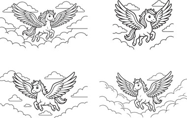 Naklejka premium Majestic Pegasus Flying Through Fluffy Clouds with Fully Spread Wings Kids Coloring Book Illustration Artwork Design