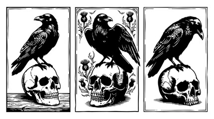 Obraz premium Raven on Skull Woodcut Illustration Set Gothic Art Vector