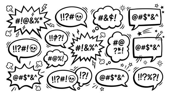 Comic Speech Bubbles with Cursing Symbols Hand Drawn Set