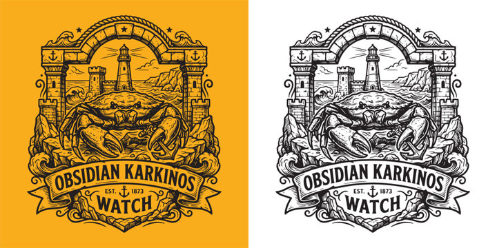 Antique style engraving of Karkinos crab with coastal fortress and anchor logo