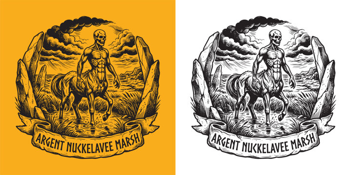 Terrifying Nuckelavee monster in marshland woodcut style fantasy emblem illustration