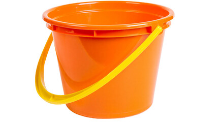 Bright orange plastic bucket with yellow handle, isolated on transparent background © Noah