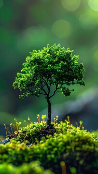 A small tree on a mossy mound with a blurred green background