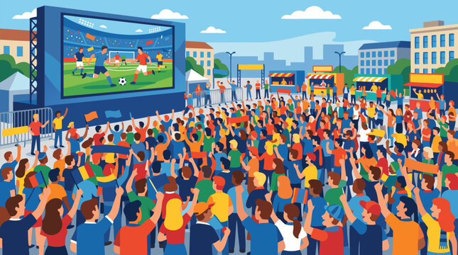 Excited fan zone crowd cheering at giant outdoor screen during major soccer match, colorful supporters waving flags in city square festival with food stalls and shared sports energy