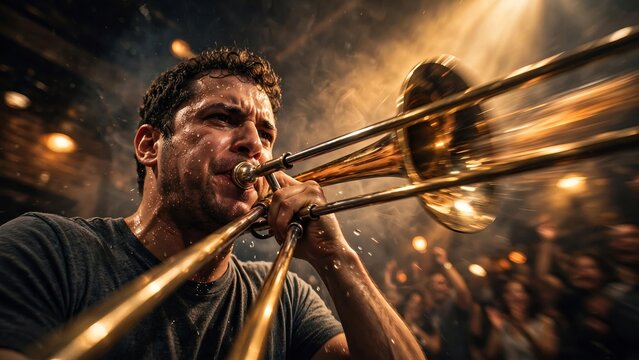 Sweaty passionate musician playing the trombone with intense energy during a live concert performance in a crowded venue with dramatic lighting