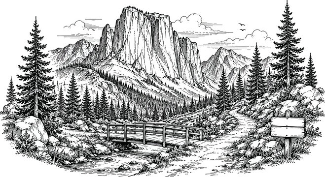 Black and white mountain landscape ink drawing