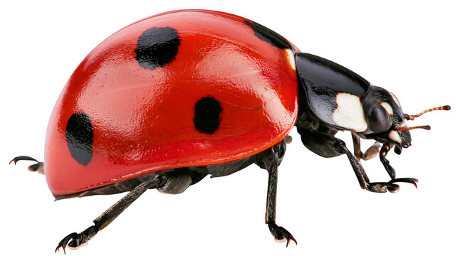 Bright red ladybug with black spots, isolated on transparent background