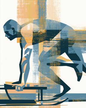 Minimal graphic vector illustration of a sled push with an abstract athlete silhouette, bold dynamic shapes and fitness competition theme, isolated on white.