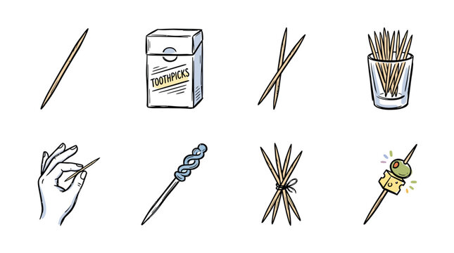 Collection of assorted wooden toothpicks and holders for food serving and hygiene