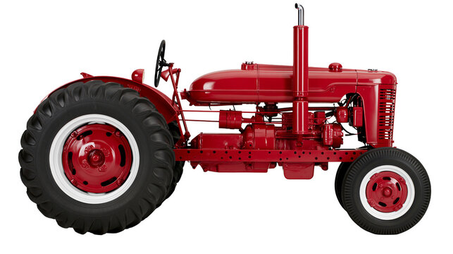 Classic red vintage tractor with large rear wheels, isolated on transparent background