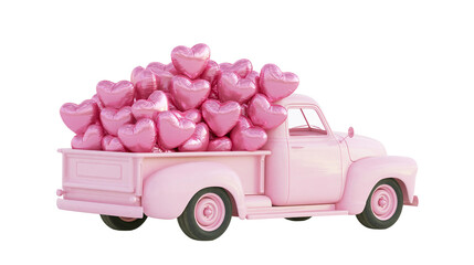 Pink vintage pickup truck overflowing with heart-shaped balloons, isolated on transparent background © Noah