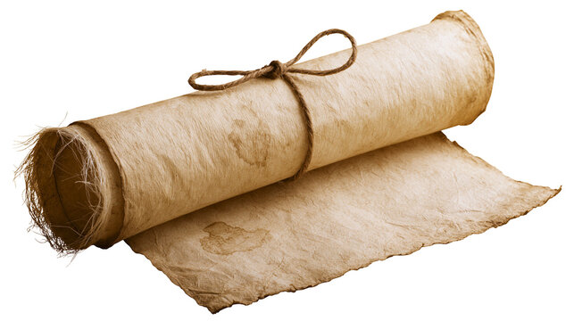 Rolled ancient parchment scroll tied with rough twine, isolated on transparent background