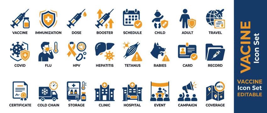 Vaccine Icon Set: Immunization, Covid, Flu, Travel, Clinic, Hospital, Campaign, Coverage