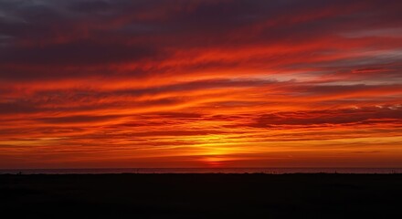 Fototapeta premium A dramatic, fiery red sunrise painting the early morning sky with intense orange and crimson hues over a tranquil horizon ,glowing ,solar ,climatic