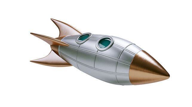 Retro silver rocket ship with copper nose cone and fins, isolated on transparent background