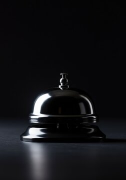 A minimalist, matte black metal service bell or service counter notification bell isolated against a neutral, dark background ,deep ,assistance ,metal