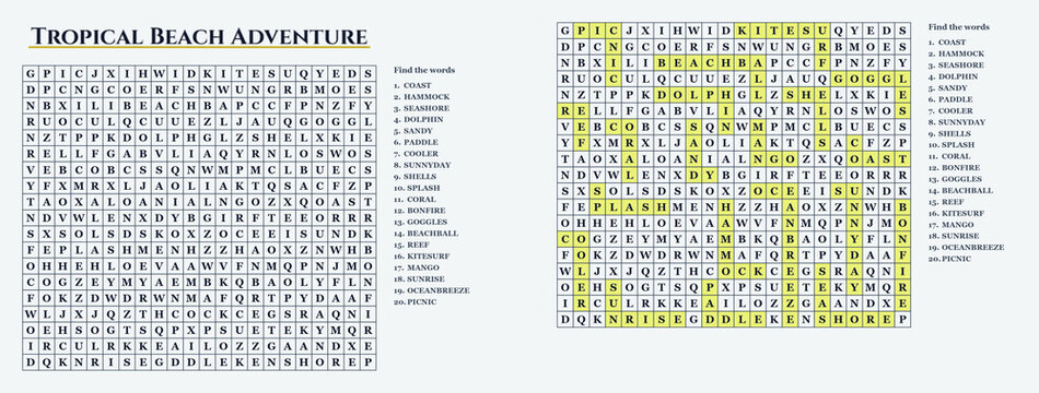 Beach word search puzzle activity for kids featuring a tropical adventure theme with summer travel vocabulary for educational brain games and classroom worksheets