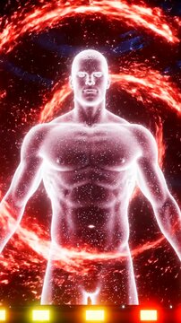 Neon hologram figure inside vertical portal, glowing grid and spiraling energy ribbons, high tech transformation sequence, digital particles and bright neon aura around silhouette
