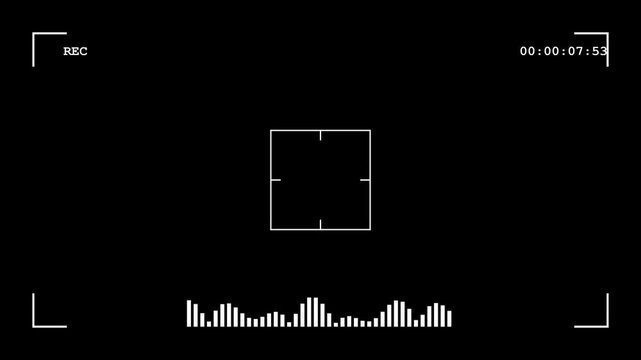 A clean digital camera viewfinder screen layout featuring a record indicator, active timecode, focus target, and audio wave visualizer.