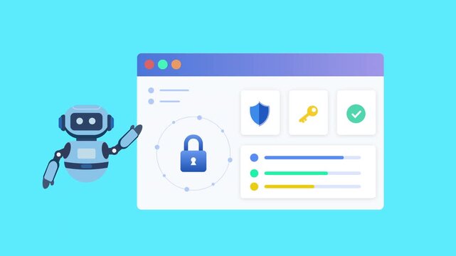 Flat vector illustration of a robot assistant beside a cloud security dashboard with lock, shield, key, and verification icons, representing secure access, authentication, and cloud protection.