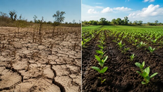 Barren land and restored fertile soil with young plants