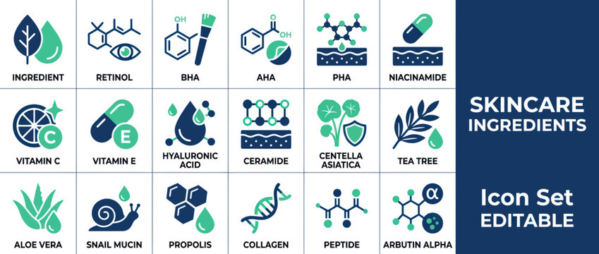 Skincare Ingredients Icon Set: Retinol, Hyaluronic Acid, Vitamin C, Collagen, Peptides