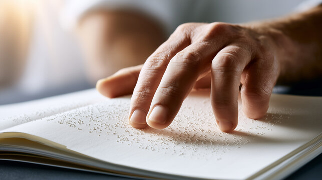 Hand reading braille book with tactile dots promoting accessibility literacy and inclusive education