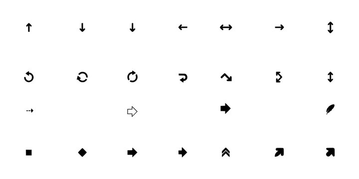 Arrows Arranged in a Grid Pattern with Various Shapes and Directions Featuring Black, White, Icons with Symbols and Design