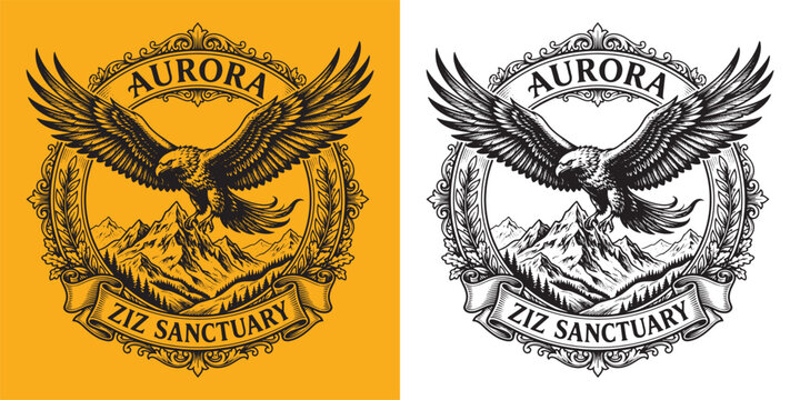 Ornate Eagle and Mountain Badge Illustration with Aurora Ziz Sanctuary Text