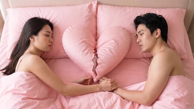 Young Asian couple sleeping peacefully in bed with pink heart-shaped pillow. Romantic scene of two people resting together on soft pink linens in cozy bedroom setting
