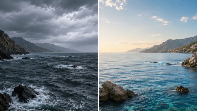 Stormy dark sea and calm blue sea under sunlight