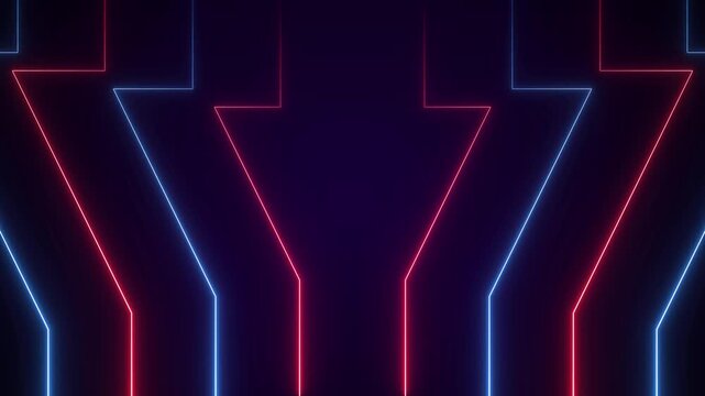 Futuristic sci-fi background animation loop featuring glowing red and blue neon lines forming abstract downward arrow shapes and circuit patterns
