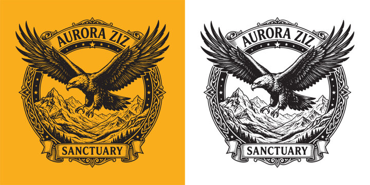 Vintage Hand-Drawn Eagle Emblem with Mountain Landscape and Aurora Ziz Sanctuary Typography