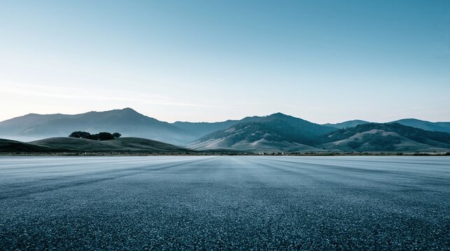 Expansive Asphalt Road Leading Towards Majestic Blue Mountains Under a Clear Sky