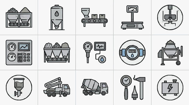 Industrial Construction Equipment Icons Set Grayscale Line Art Illustrations of Mixers Trucks and Quality Control Tools