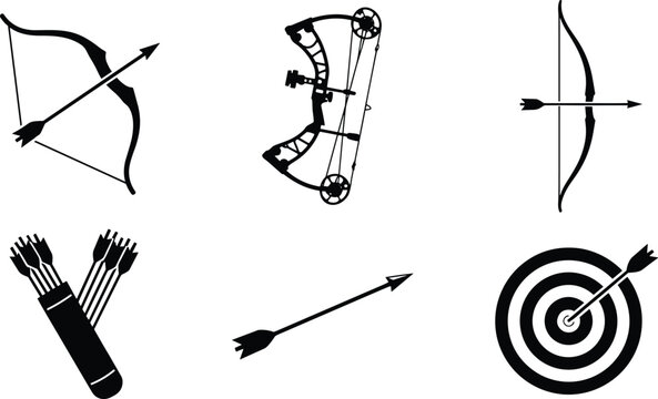 Archery silhouette vector icon set featuring traditional bows compound bow arrows target board and double quiver illustration