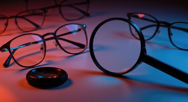 A close-up view of a cluttered surface where a magnifying device searches for optical wear accidentally positioned in plain sight ,misplaced ,clutter ,daily