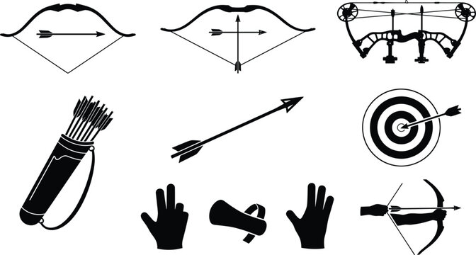 Archery equipment silhouette vector icon set featuring traditional bows compound bow arrows target board and quiver illustration