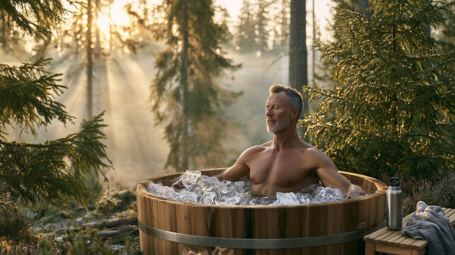 Bearded man practicing cold water immersion in wooden ice bath surrounded by peaceful forest for wellness recovery	
