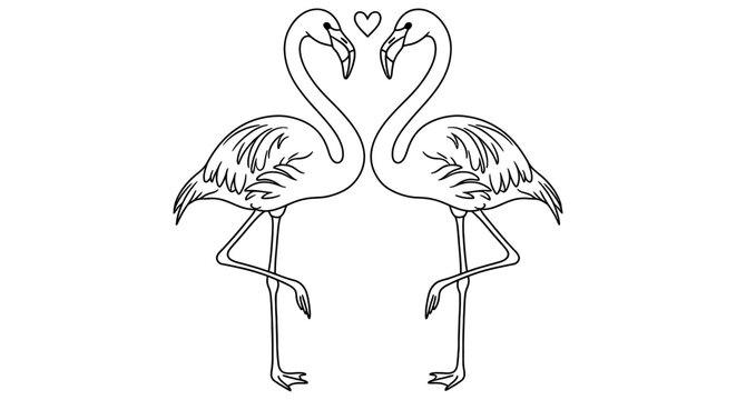Two Flamingos Forming A Heart Shape Black Line Art Illustration On White Background