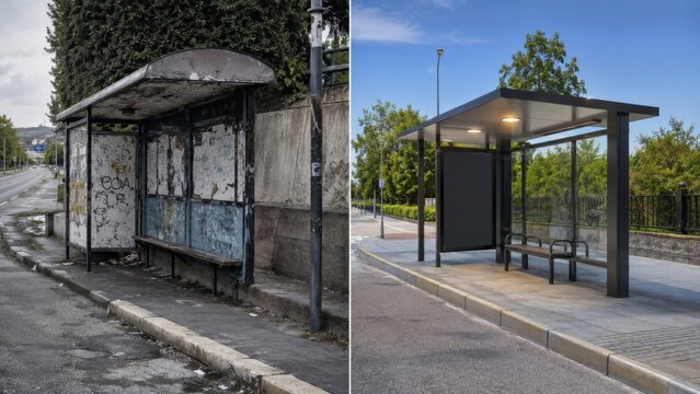 Damaged bus stop and new modern bus stop