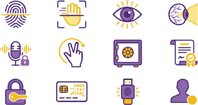 Purple, yellow, and gold business icons, security and technology symbols, 12 vector graphics, flat design elements