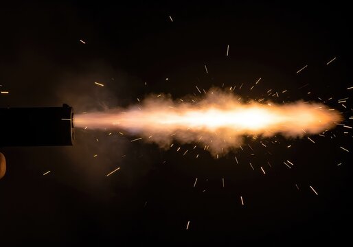 Explosive discharge of a firearm, creating a bright muzzle flash against a dark backdrop, emphasizing intense heat and violent action ,abstract ,action ,flash