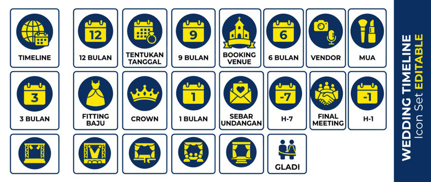 Wedding Planning Timeline Icons Set - Editable Vector Graphics