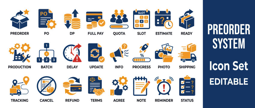 Preorder System Icon Set: Business Process Management, Delivery, Finance, Logistics